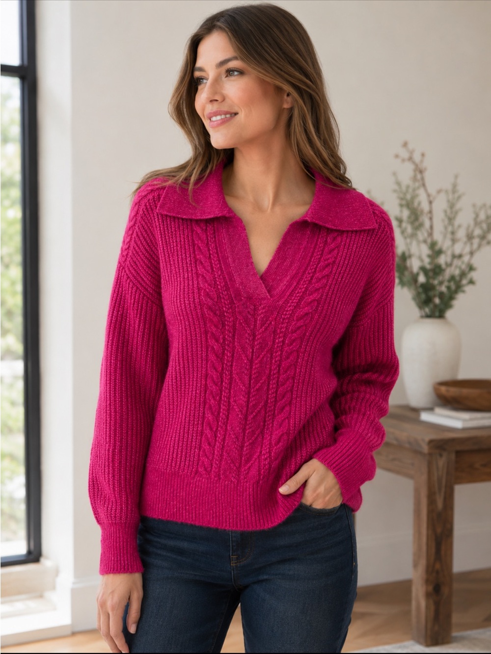 Rachel Zoe Magenta Pink Collared Cable Knit Sweater Long Sleeve NWT size XL
